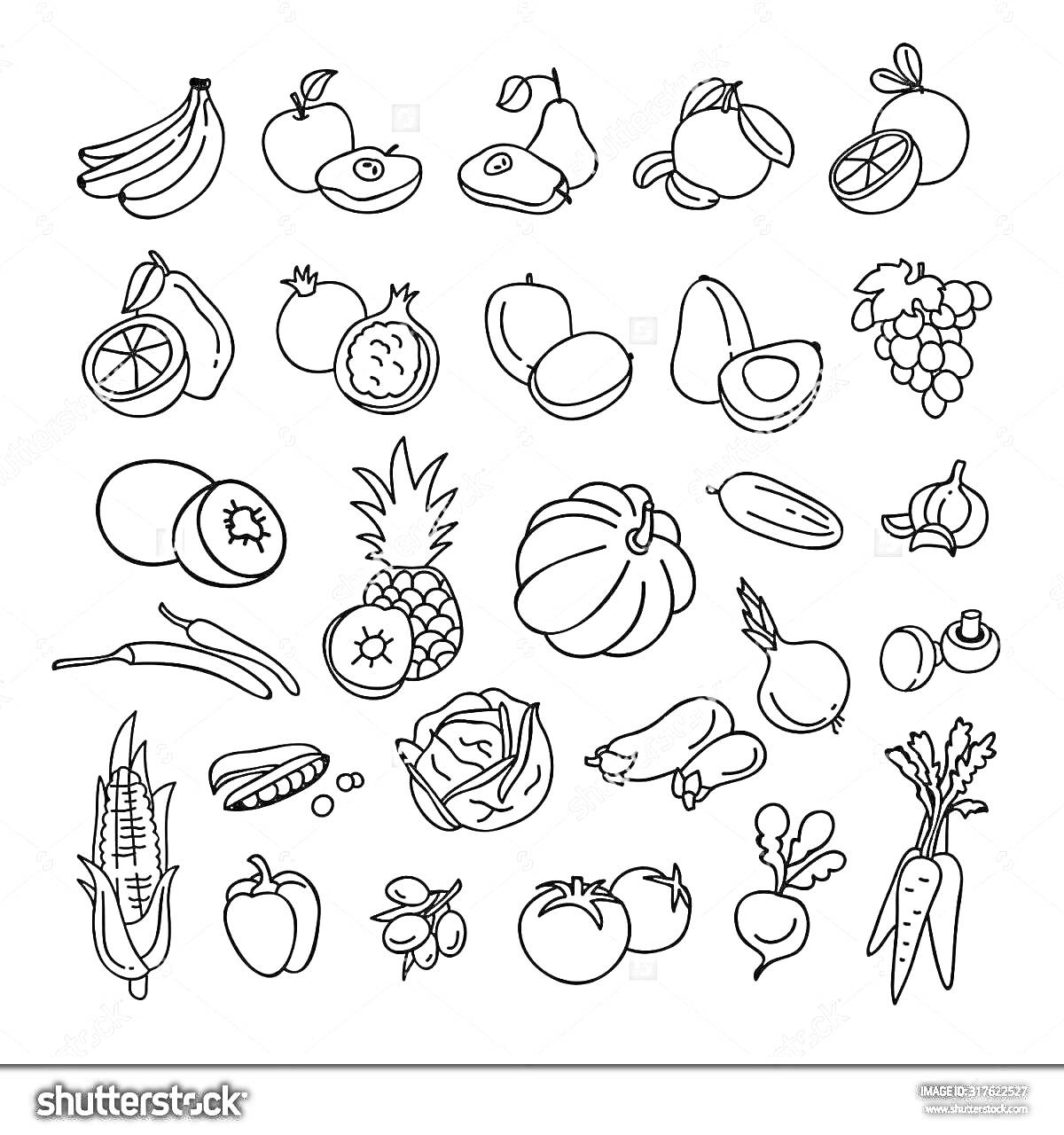 Раскраска Фрукты и овощи — бананы, яблоки, груши, персики, мандарины, грейпфруты, апельсины, гранаты, абрикосы, авокадо, виноград, киви, ананас, арбуз, кабачок, баклажан, чеснок, кукуруза, огурец, капуста, редис, лук, яблоки, помидоры, персики, клубника, морковь.