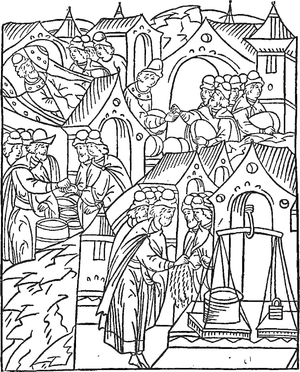 Раскраска Жизнь в средневековом городе: торговцы на рынке, сцены переговоров, взвешивание товара, покупка и продажа