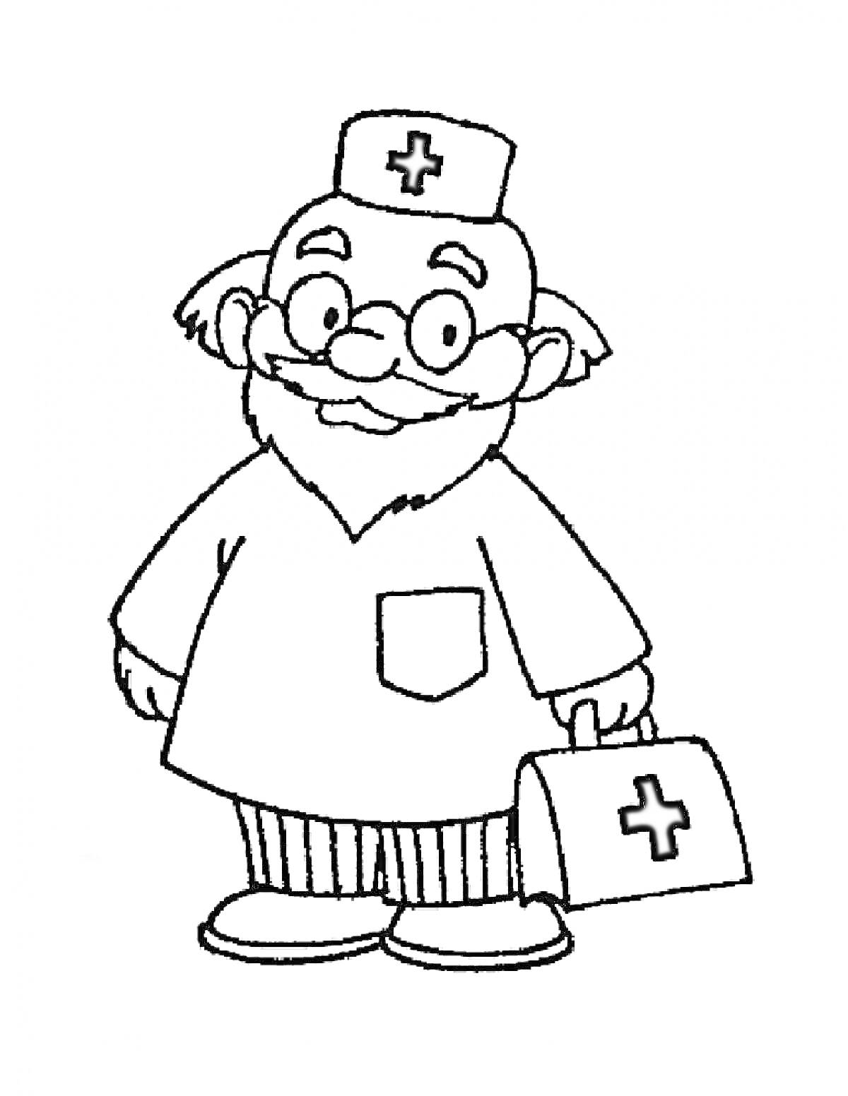 Раскраска Доктор Айболит с чемоданом и медицинской шапочкой
