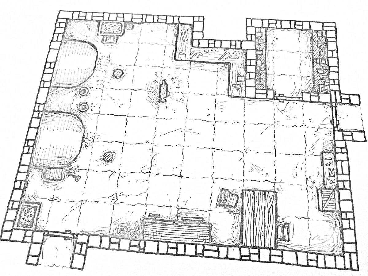 На раскраске изображено: Комната, Дверь, Плиточный пол, Предметы, Подземелье