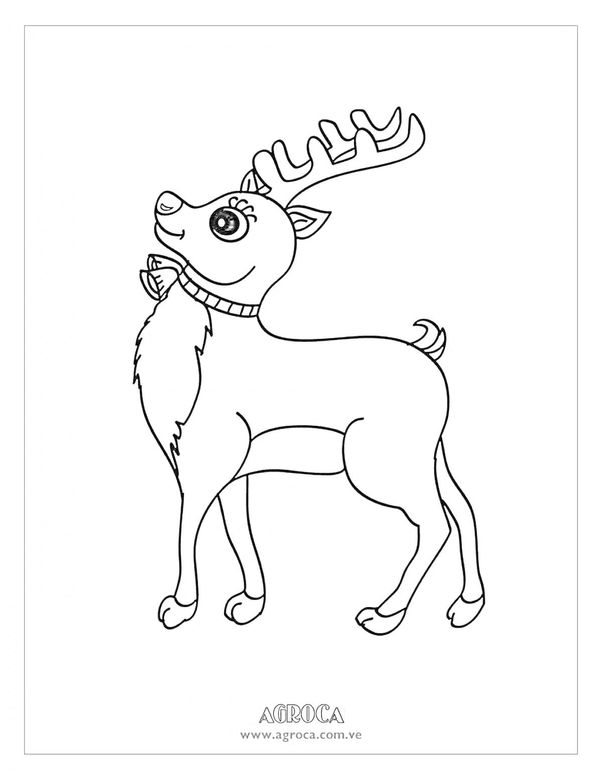 Раскраска Олень с рогами, стоящий на четырех ногах, с ошейником и улыбающимся лицом