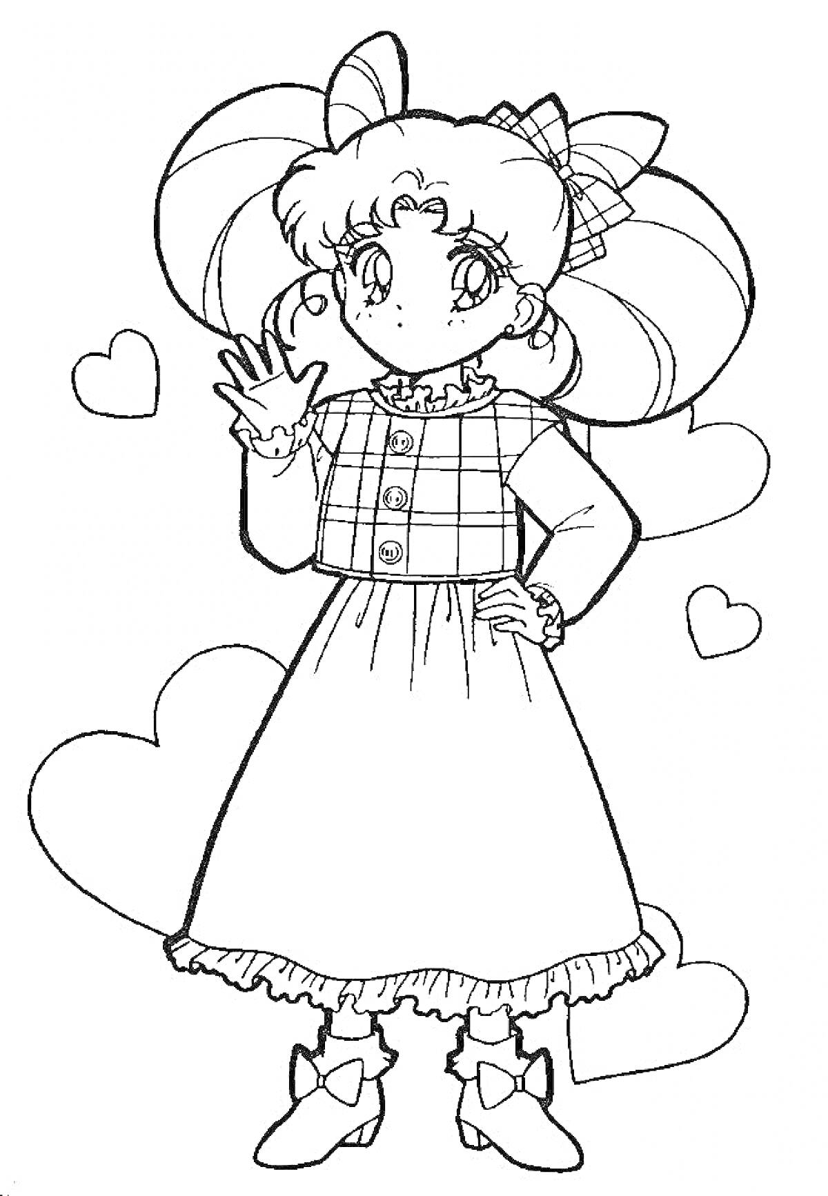 Раскраска Девочка-школьница в клетчатом жакете и платье с бантиками на рукавах, фон в виде сердечек