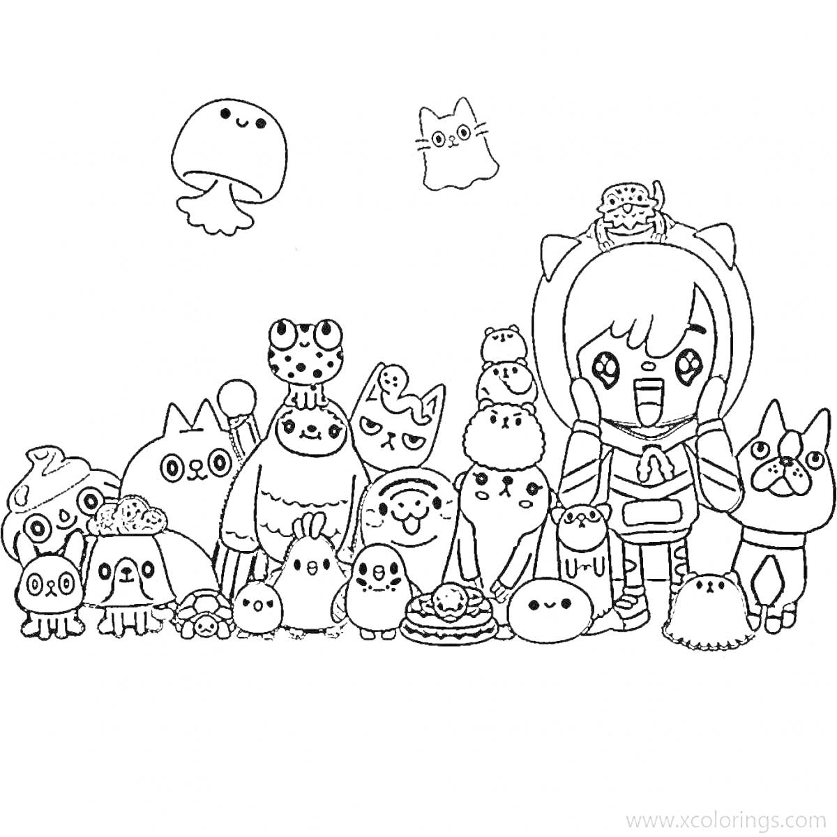 Раскраска Дети в костюмах с разнообразными животными и персонажами из Toca Life World, включая грибы и призраков