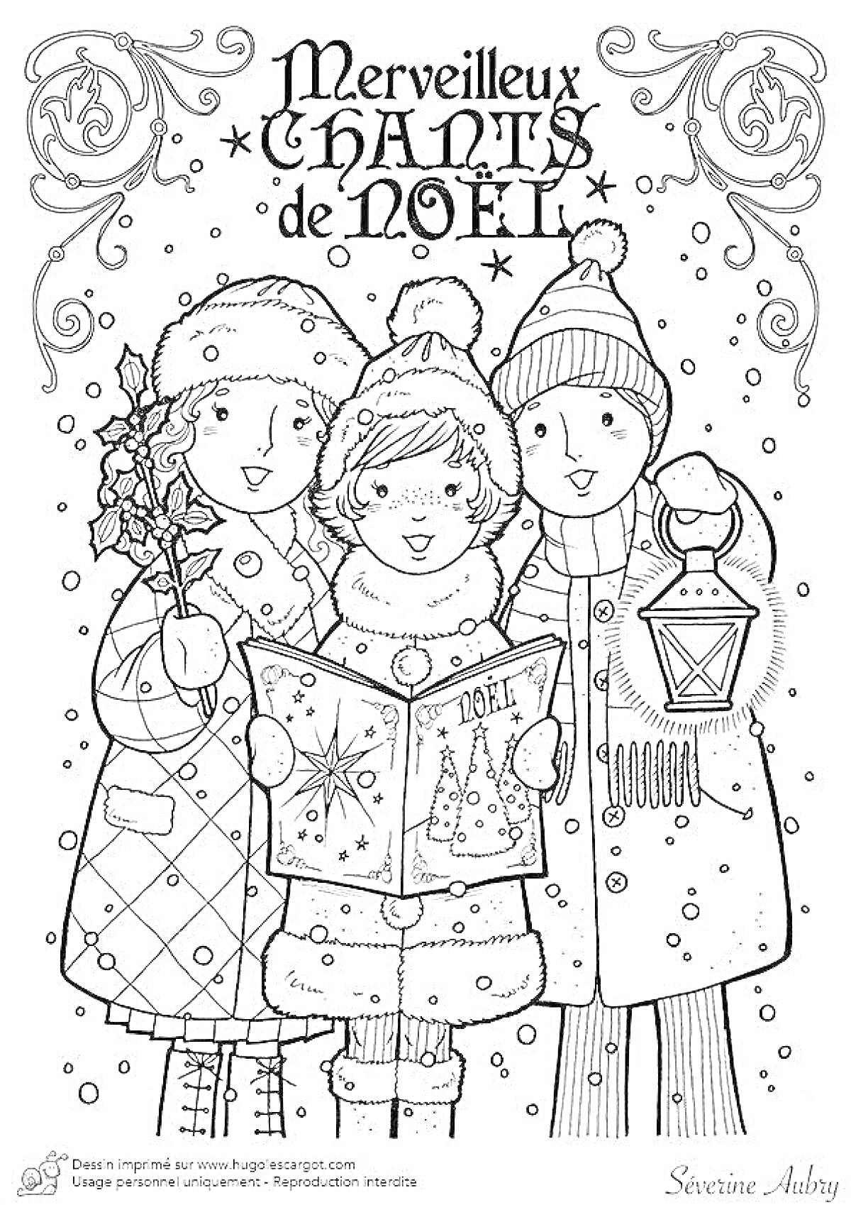 Раскраска Три поющих ребенка в зимней одежде с рождественской книгой и фонарем. Вверху на изображении текст 