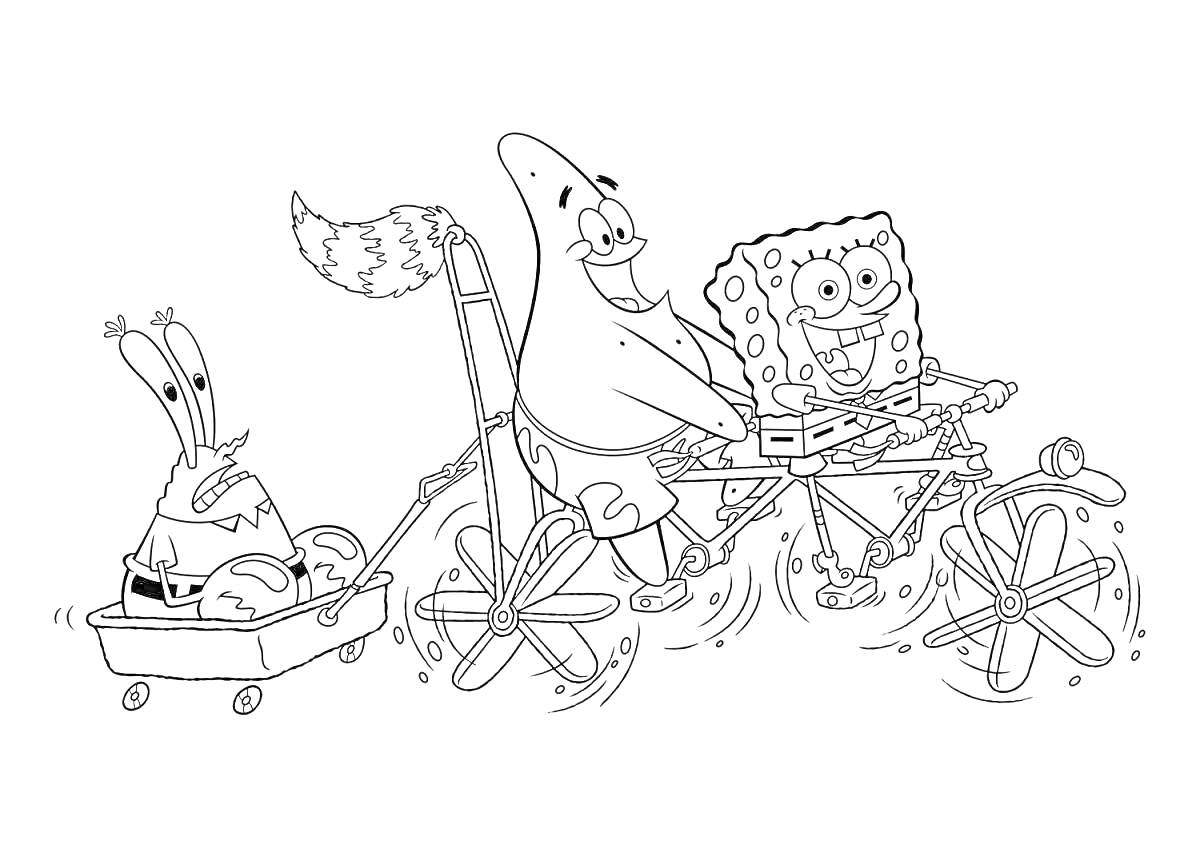 На раскраске изображено: Губка Боб, Патрик, Мистер Крабс, Велосипед, Отдых