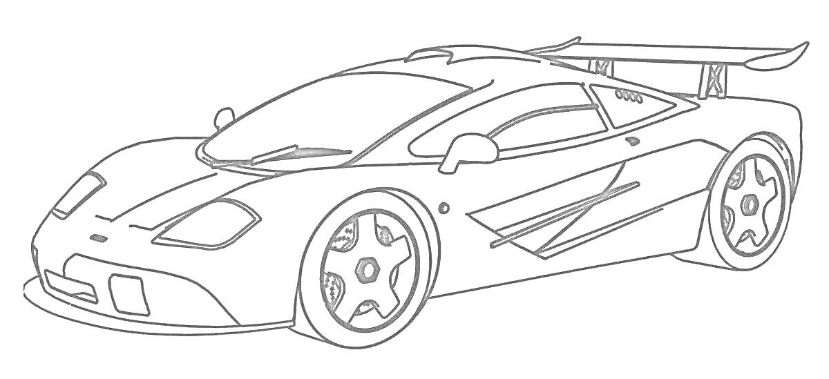 Раскраска Гоночный автомобиль с лобовым стеклом, боковыми зеркалами, спойлером, передними и задними фарами, и деталями кузова