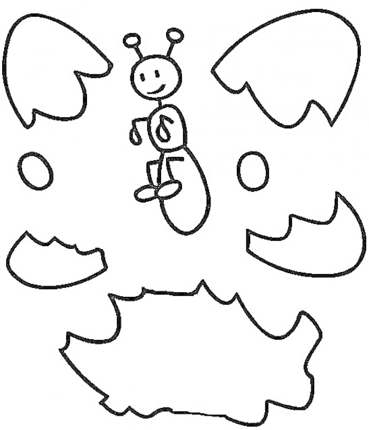 Раскраска Бабочка с усиками, круглыми глазами и фигурными крыльями