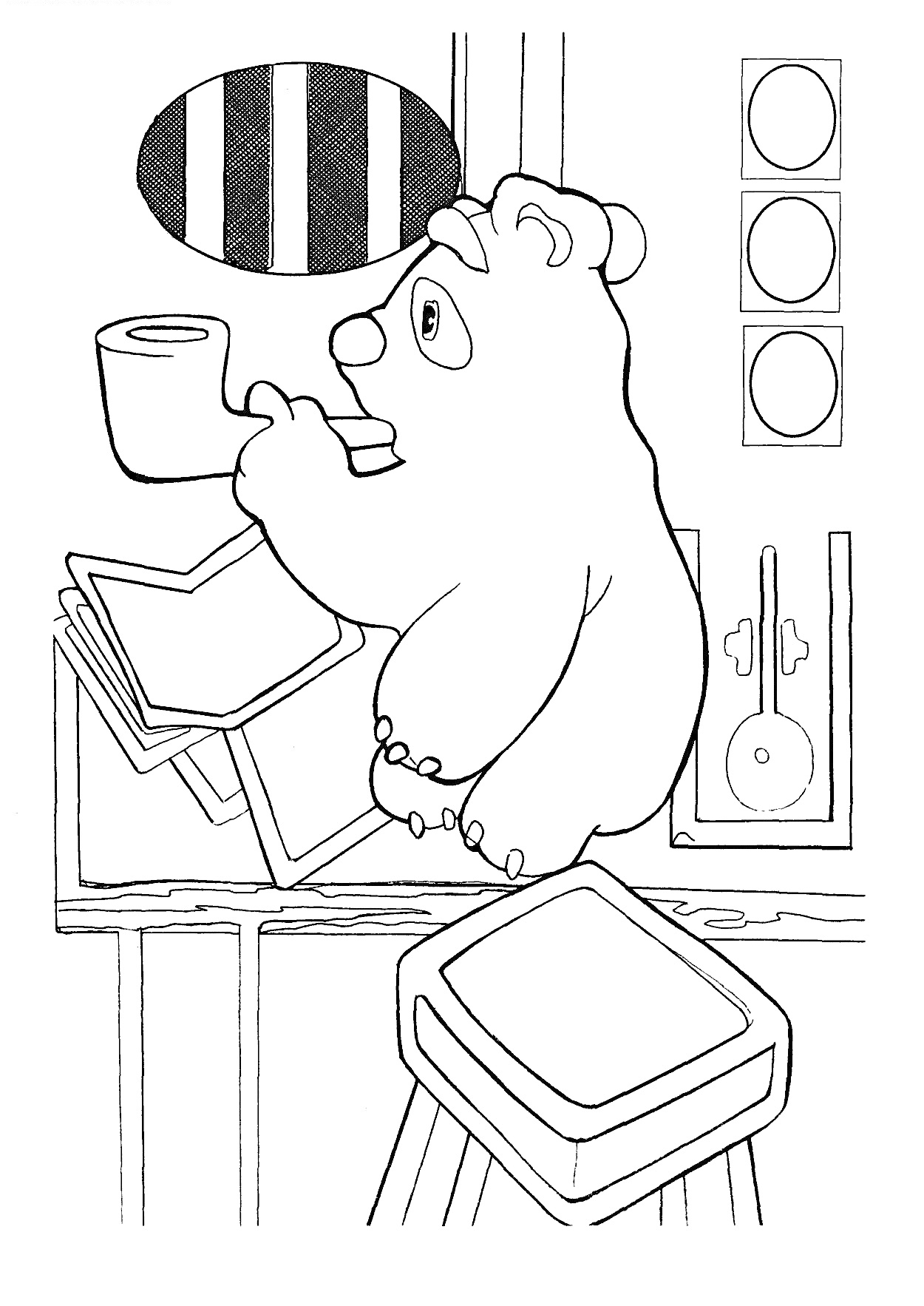 Раскраска Умка в лаборатории, сидящий на стуле, читает большую книгу, полки с книгами и пробирками, окно с полосатыми занавесками.