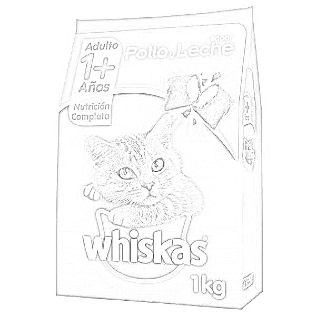 Раскраска Упаковка кошачьего корма Whiskas 1 кг, для взрослых кошек старше 1 года, с вкусом курицы и молока