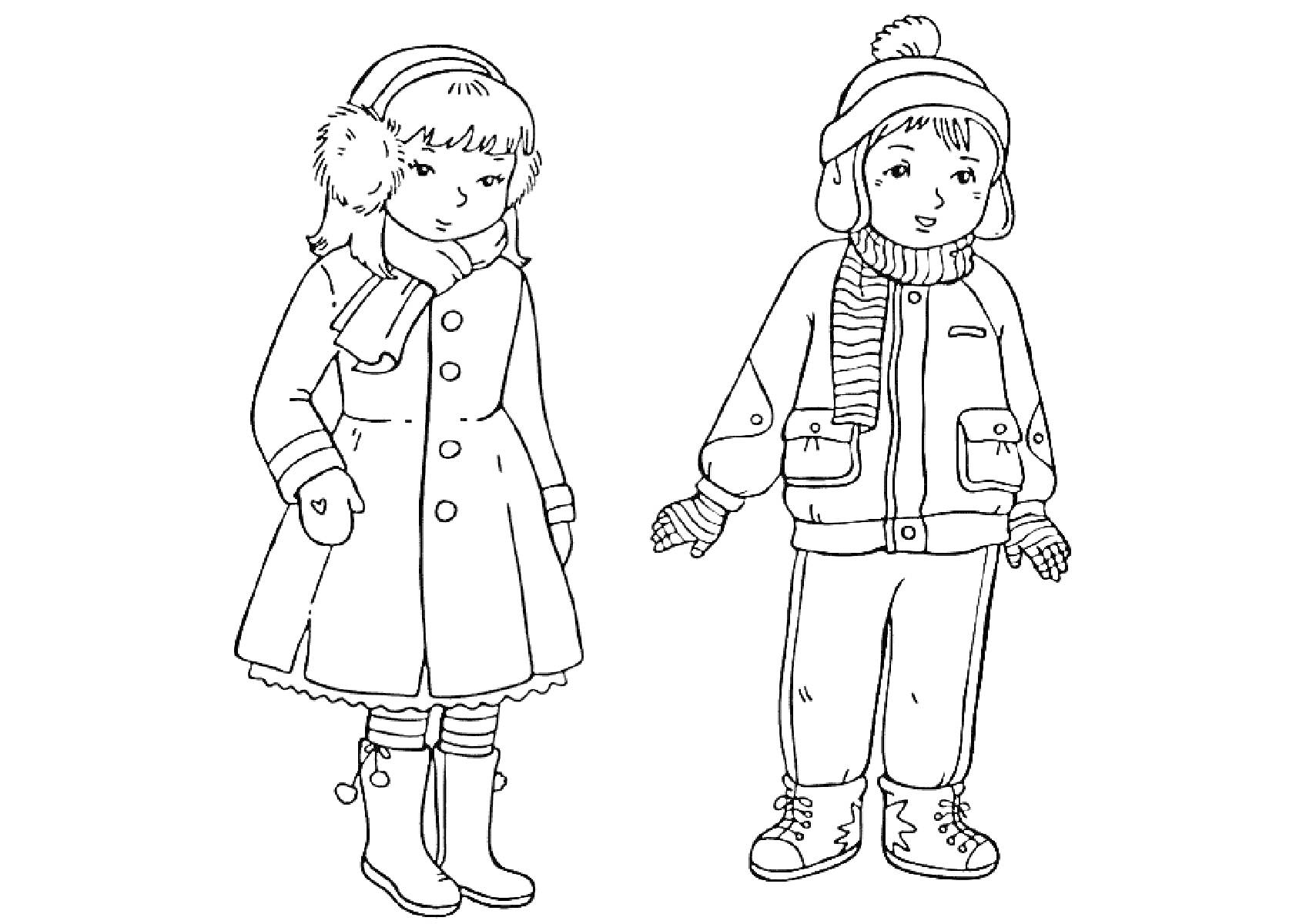 Раскраска Дети в зимней одежде: девочка в пальто, шарфе, варежках, сапогах и наушниках; мальчик в куртке, шапке с помпоном, шарфе, брюках, варежках и ботинках