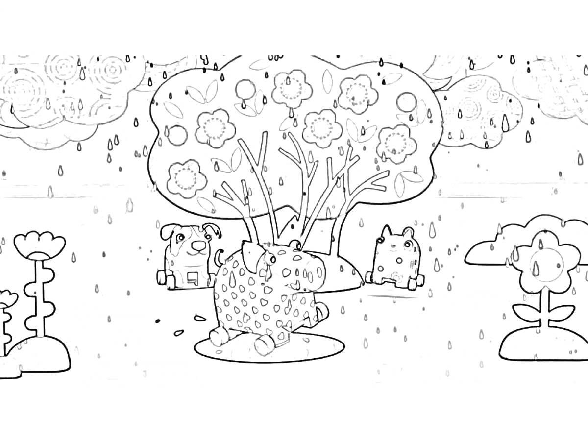 Животные под деревом во время дождя