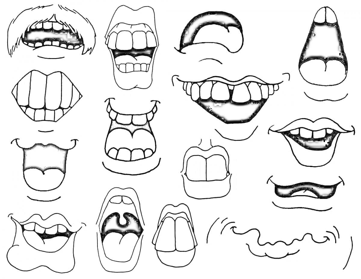 Раскраска Набор различных ртов и выражений, включающий улыбающиеся рты, открытые рты, зубы, усы, язык и различные виды кривых и прямых линий рта.