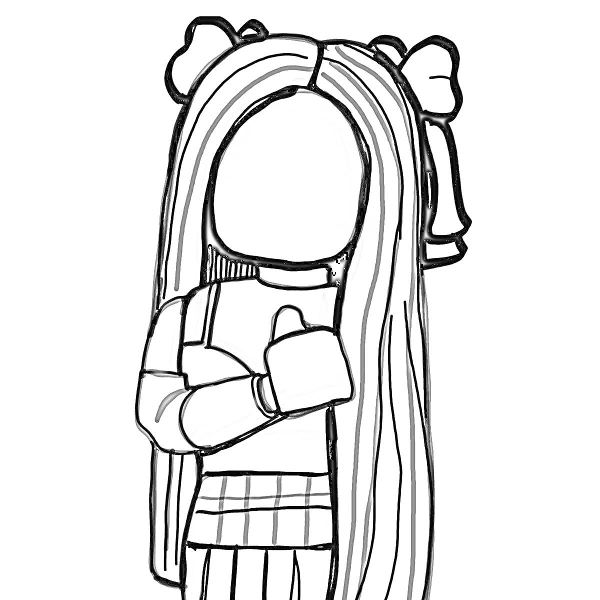 Раскраска Девочка с длинными волосами и бантиками, одетая в кофту с длинными рукавами и юбку в клетку