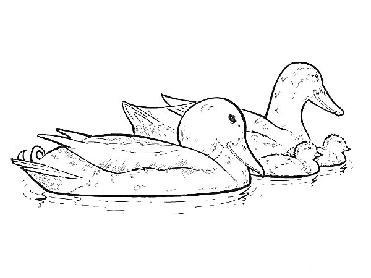 Раскраска Семья уток на воде (две взрослые утки и два утенка)