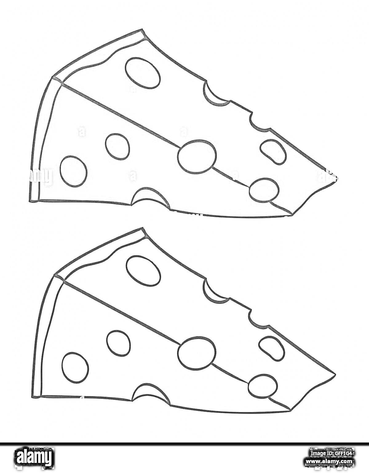 Раскраска Два куска сыра, один закрашенный серым, другой контурный, с отверстиями.