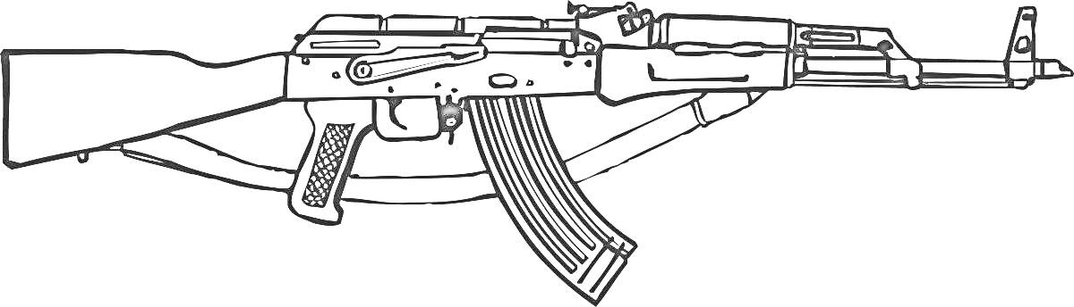 На раскраске изображено: Автомат, Калашников, Оружие, АК-47, Огнестрельное оружие, Военная тематика, Контурные рисунки
