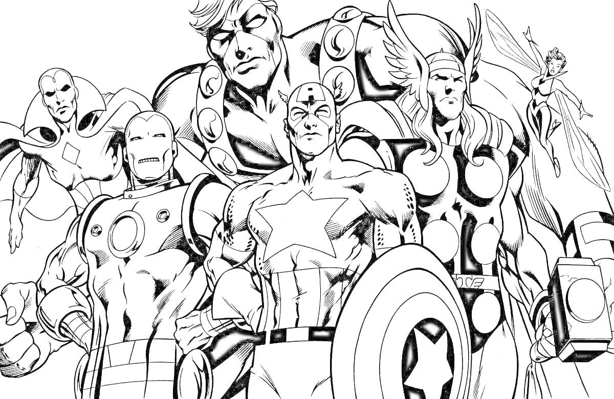 На раскраске изображено: Мстители, Железный человек, Капитан америка, Тор, Оса, Супергерои, Марвел, Комиксы, Команда, Герой