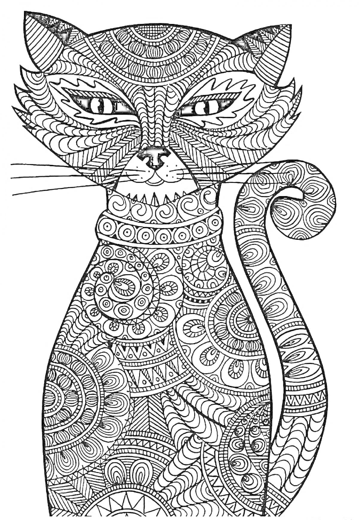 На раскраске изображено: Кот, Орнамент, Узоры, Арт, Абстракция, Животные, Контурные рисунки