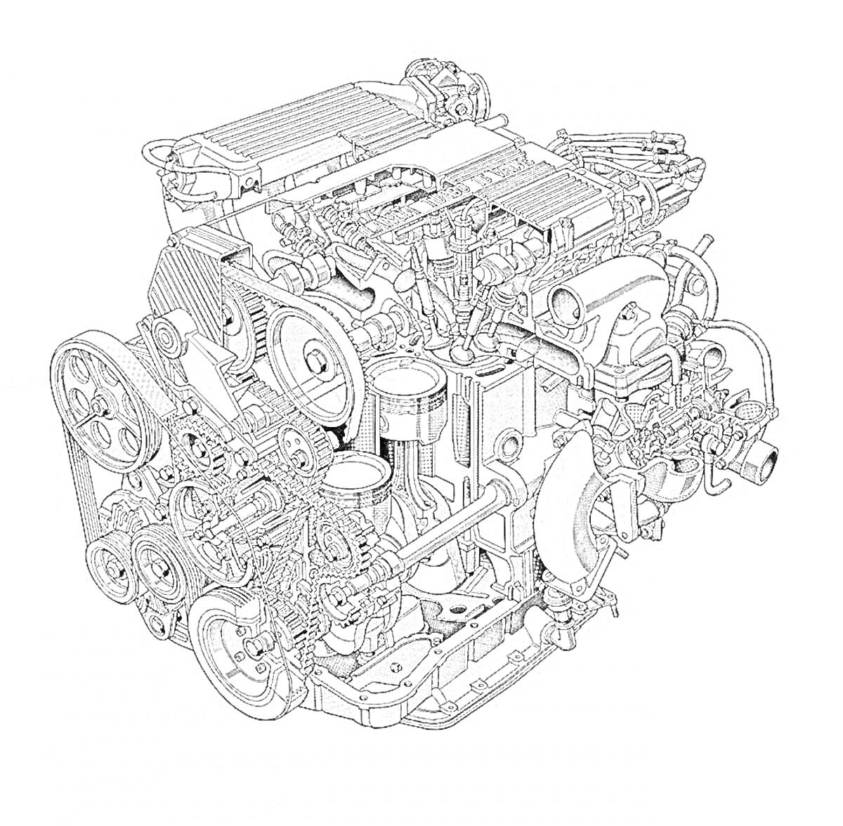 Двигатель внутреннего сгорания с обилием деталей и систем: ременной привод, коленвал, поршни, радиатор, трубы впускной и выпускной систем.