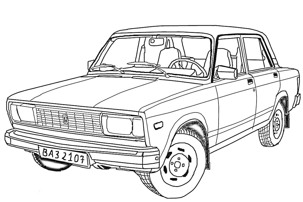 На раскраске изображено: ВАЗ 2107, Классическая машина, Советский автомобиль, Контур автомобиля