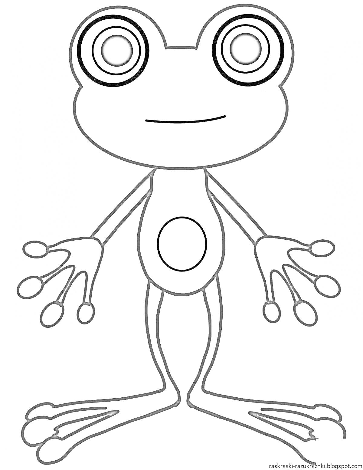 Раскраска Лягушка с большими глазами, стоящая прямо с вытянутыми руками и овальным пятном на животе