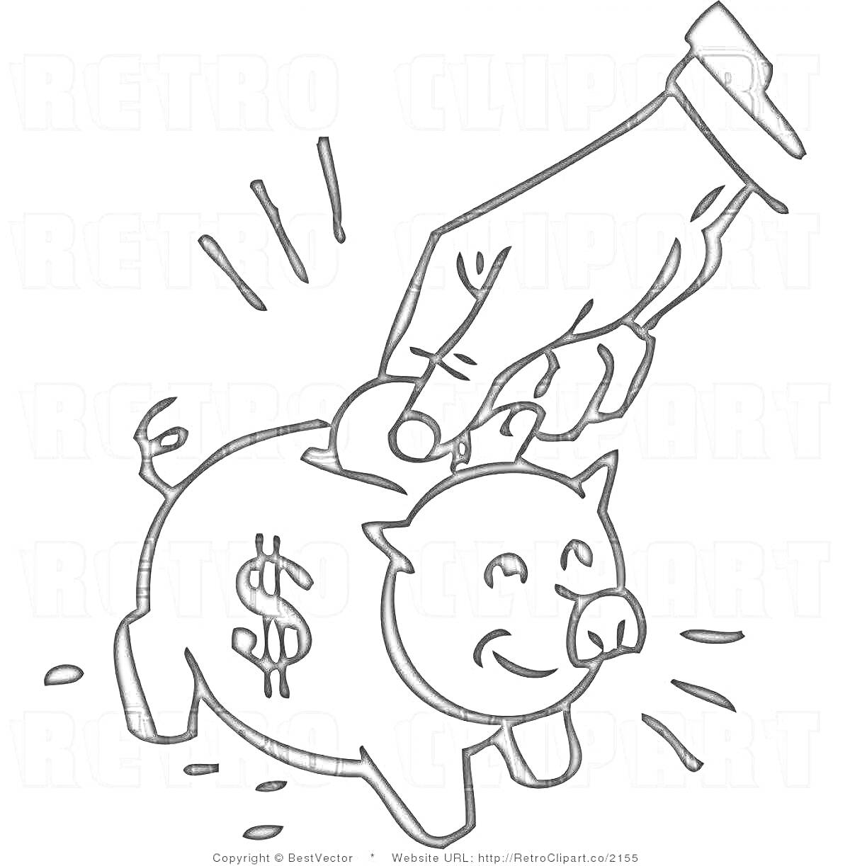 Раскраска Копилка в виде свиньи с рукой, кладущей монету