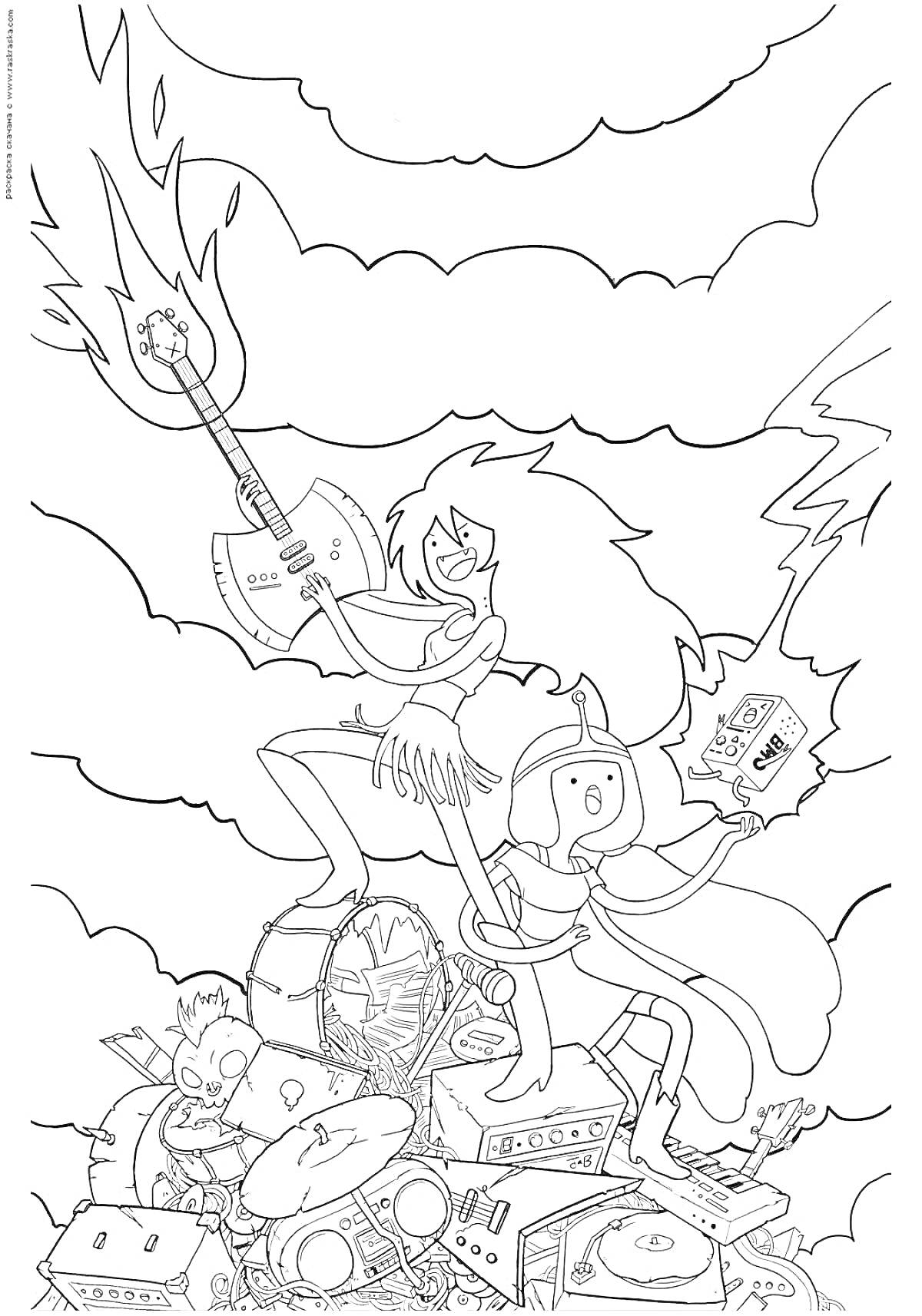 Раскраска Герои с гитарой и книгой на куче музыкальных инструментов, молнии и облака на заднем плане