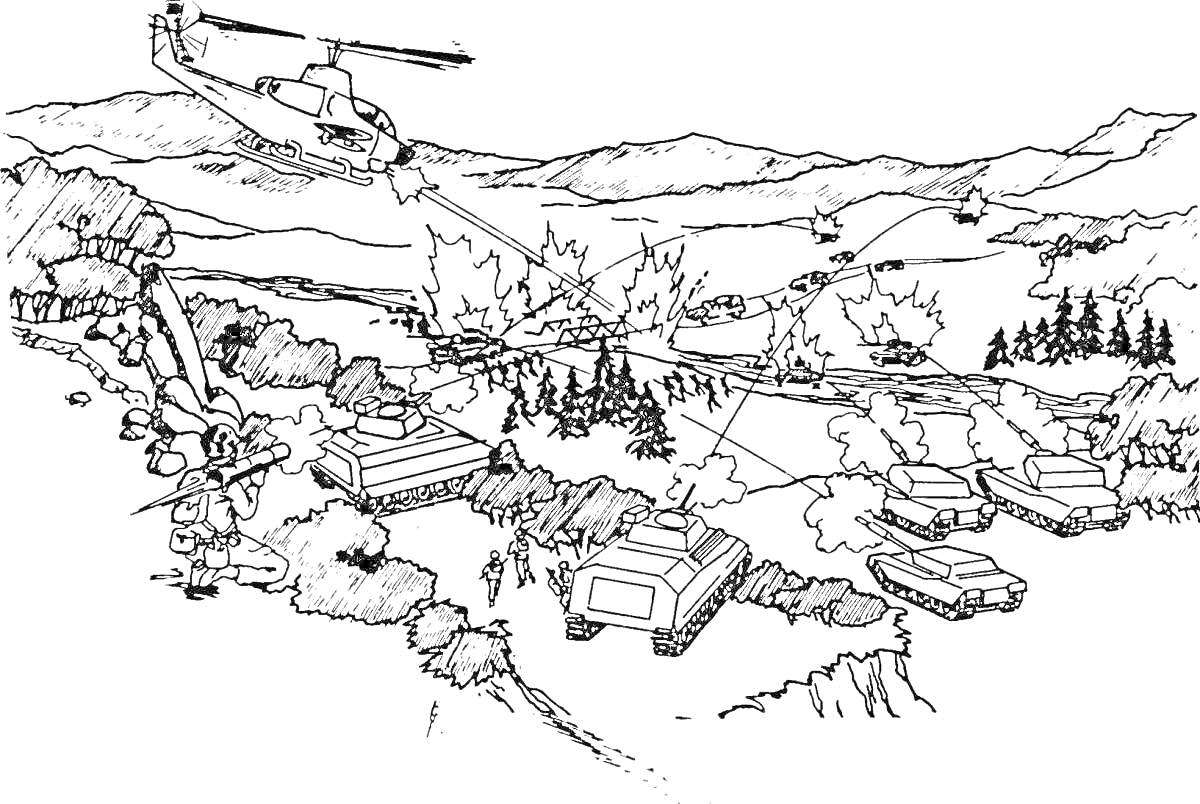 Раскраска Битва на поле боя: танки, вертолет, солдаты, взрывы, горы, деревья