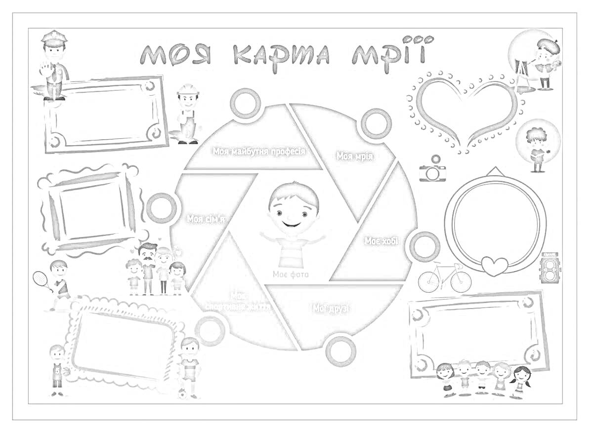 Раскраска карта желаний с четырьмя изображениями ребенка в разных позах, восьми пустыми рамками для заметок, пустой фигурой в форме дома, сердцем с местом для надписи и текстом на украинском языке.