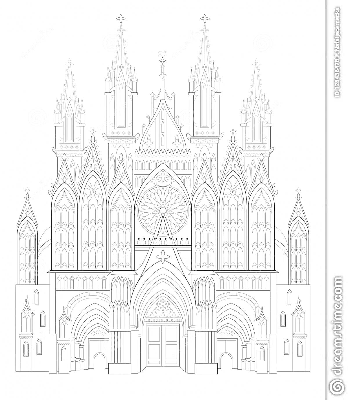 Раскраска Готический замок с множеством остроконечных башен, арок и витражных окон