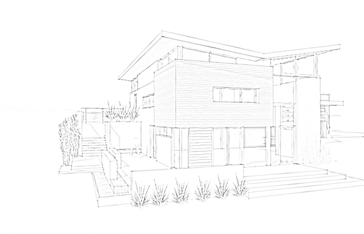 На раскраске изображено: Дом, Проект, Современный, Архитектура, Окна, Лестница, Растения, Ландшафт
