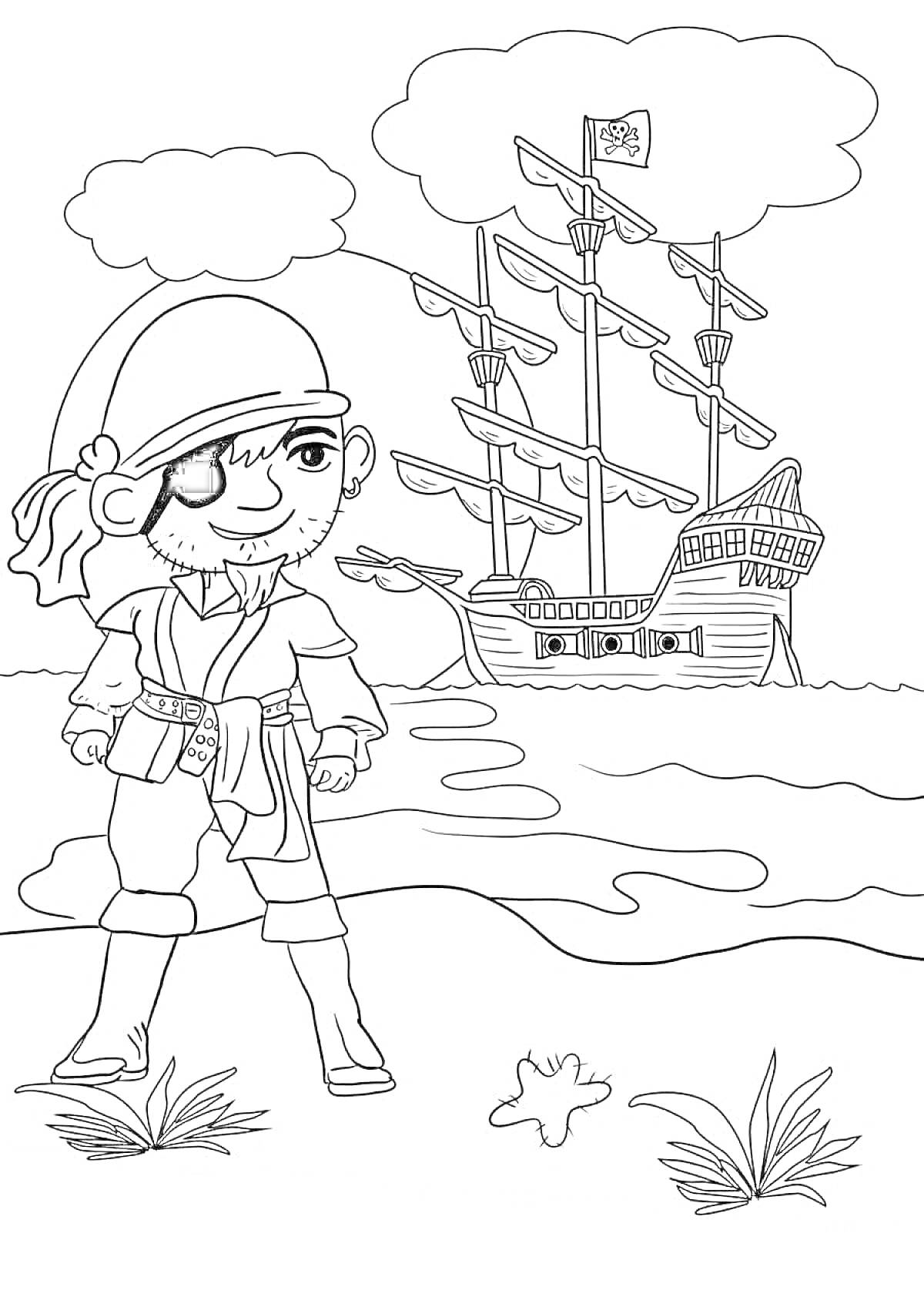 На раскраске изображено: Корабль, Берег, Море, Облака, Пляж, Растительность, Пиратская шляпа