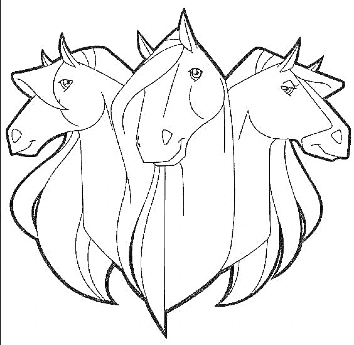 Раскраска три белых коня, три головы лошадей впереди, манеж из грив по бокам