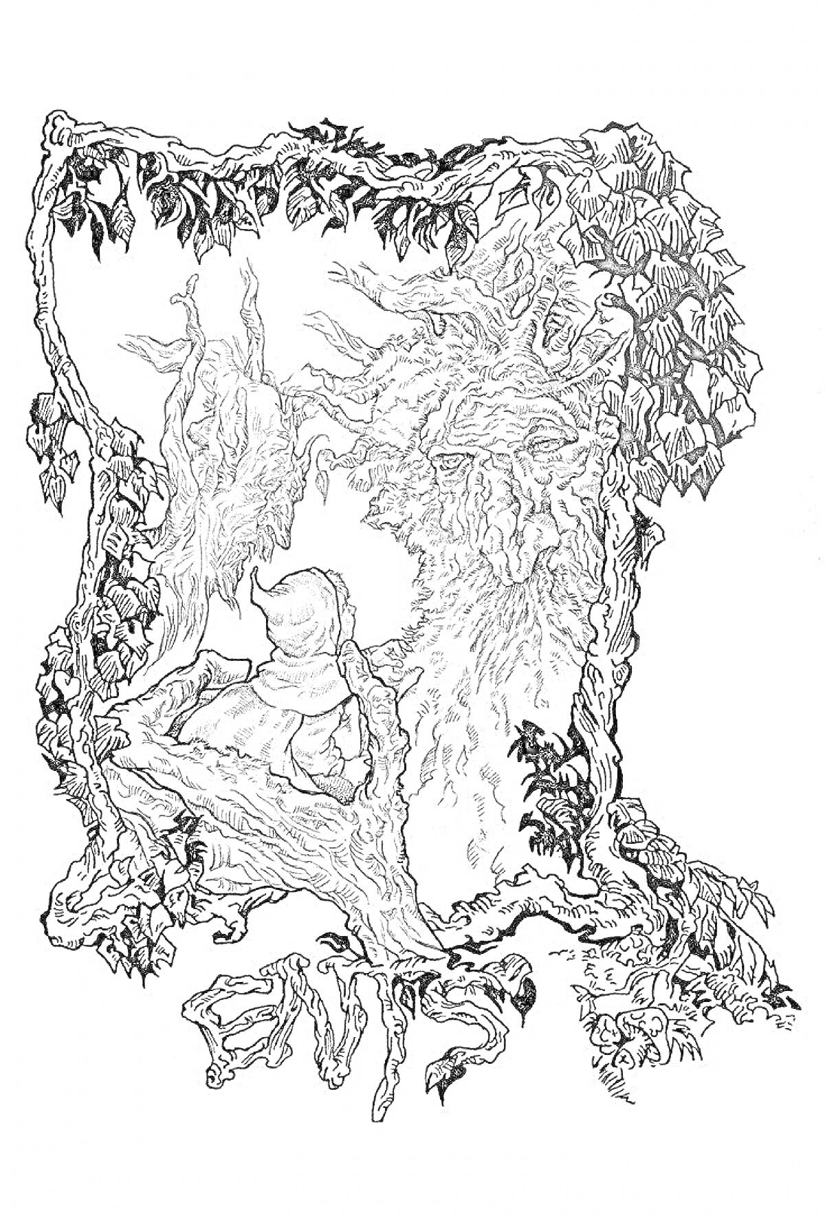 На раскраске изображено: Хоббит, Лес, Листья, Фантастика, Природа, Деревья