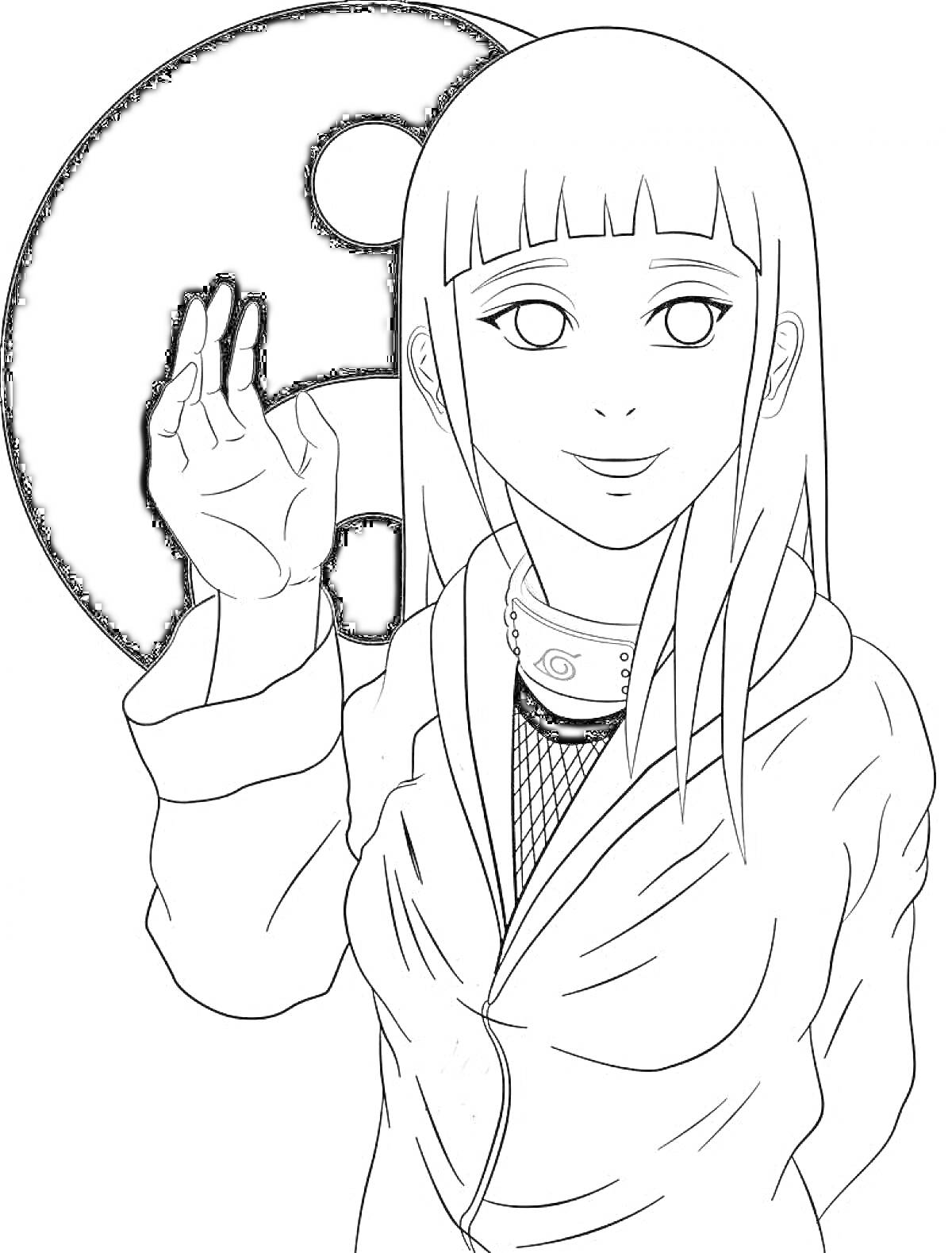 Раскраска Девушка с длинными волосами, поднявшая руку перед символом Инь-Ян