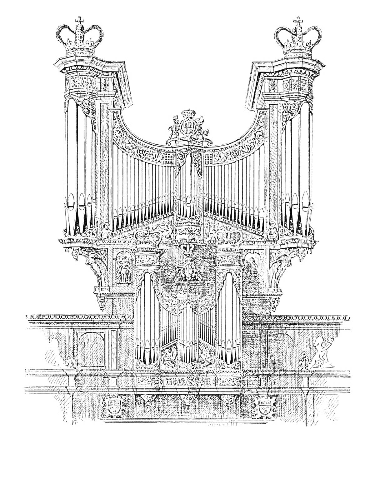 Раскраска Орган с декоративной резьбой и коронной отделкой