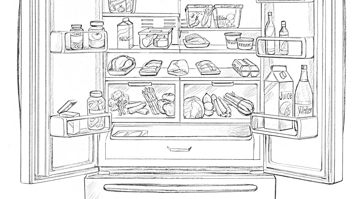 Раскраска Холодильник с продуктами - банки, бутылки, пакеты, контейнеры с едой, фрукты, овощи, мясо, яйца