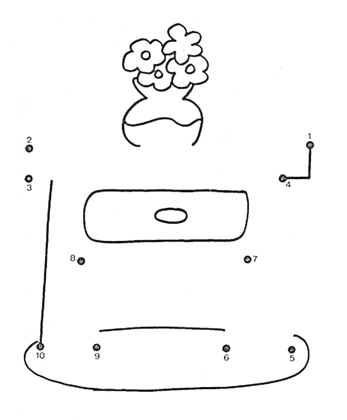 На раскраске изображено: Мебель, Цветы, Ваза, Точка за точкой, Развивающие задания, Интерьер