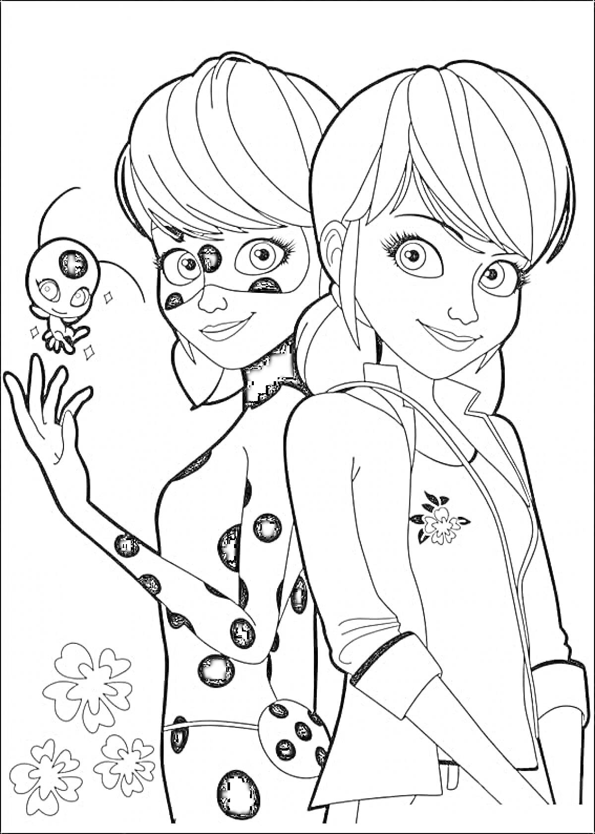 Раскраска Маринет и Леди Баг, стоящие спиной к спине, с маленьким существом и цветком на фоне