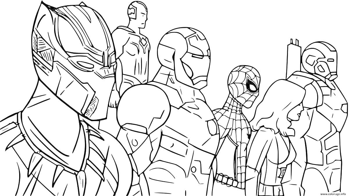 На раскраске изображено: Супергерои, Железный человек, Черная пантера, Человек-Паук, Черная вдова, Команда, Комиксы