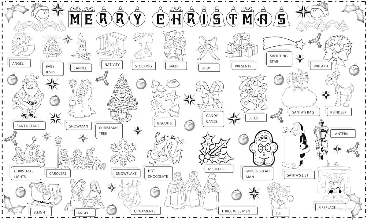 Раскраска Merry Christmas: Santa, Elf, Angel, Reindeer, Snowman, Bell, Candle, Fireplace, Chimney, Sock, Sack, Star, Present, Bauble, Snowflake, Tree, Holly, Wreath, Candy Cane, Gingerbread House, Gingerbread Man, Carolers, Lights, Santas Hat