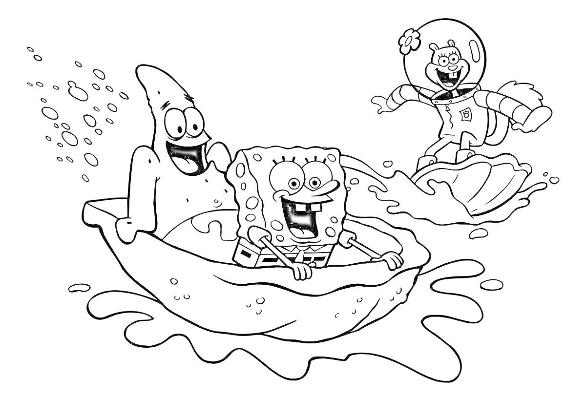 На раскраске изображено: Губка Боб, Патрик, Сэнди, Лодка, Подводный мир, Анимация, Дружба, Приключения