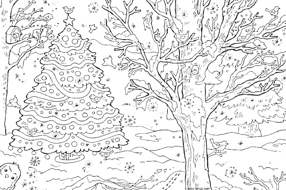 Раскраска новогодняя ель, снегири, снег, птичий домик, елка, деревья без листвы, снеговик, зимний лес
