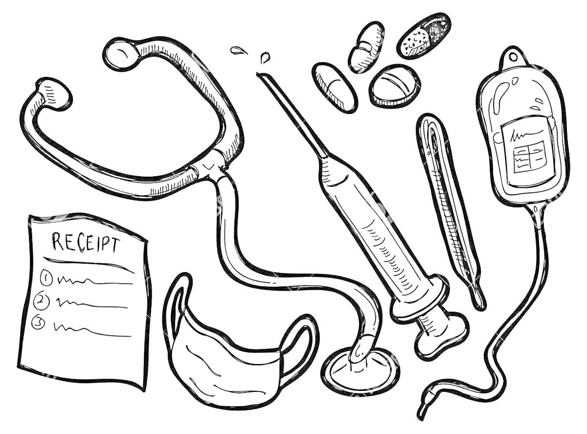 Раскраска Инструменты врача: стетоскоп, маска, шприц, пинцет, капельница, таблетки, рецепт