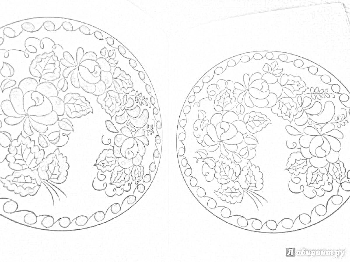 Раскраска Роспись гжель, две тарелки с цветами и листьями внутри кругового обрамления
