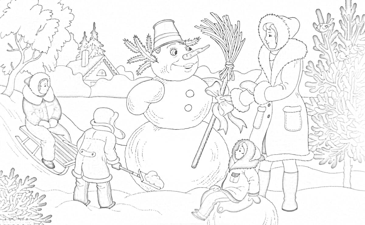 Раскраска Снеговик, дети на санках и с лопатой, женщина с метлой, елки и дом на заднем плане