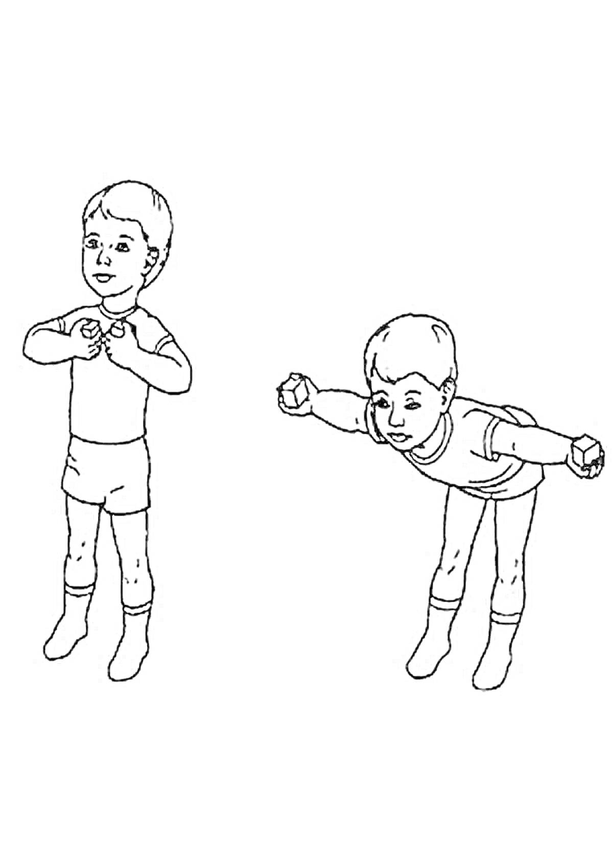 На раскраске изображено: Мальчик, Спорт, Зарядка, Упражнения, Гантели, Здоровье, Тренировка