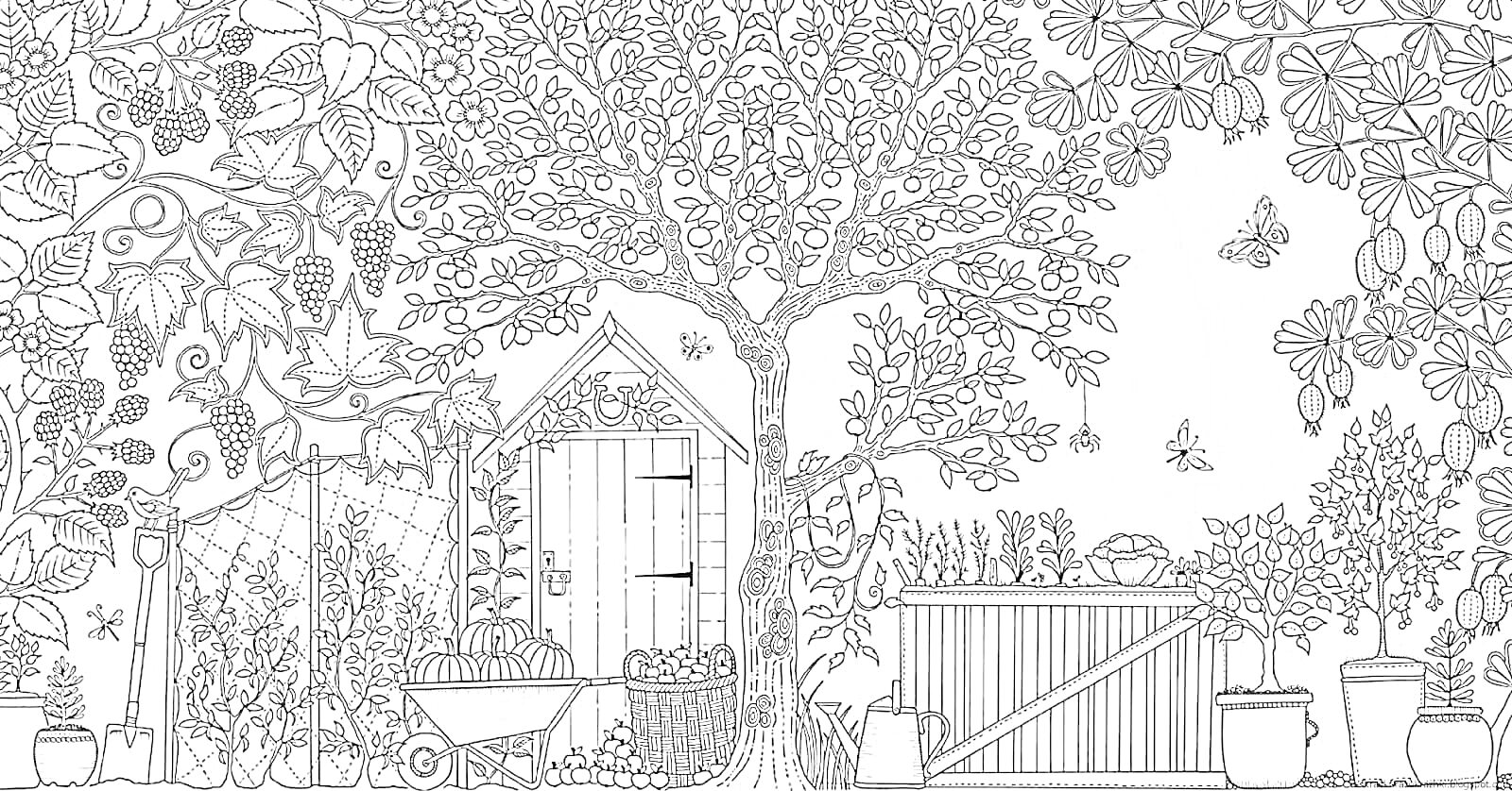 На раскраске изображено: Сад, Деревья, Цветы, Листья, Кусты, Огород, Калитка, Природа