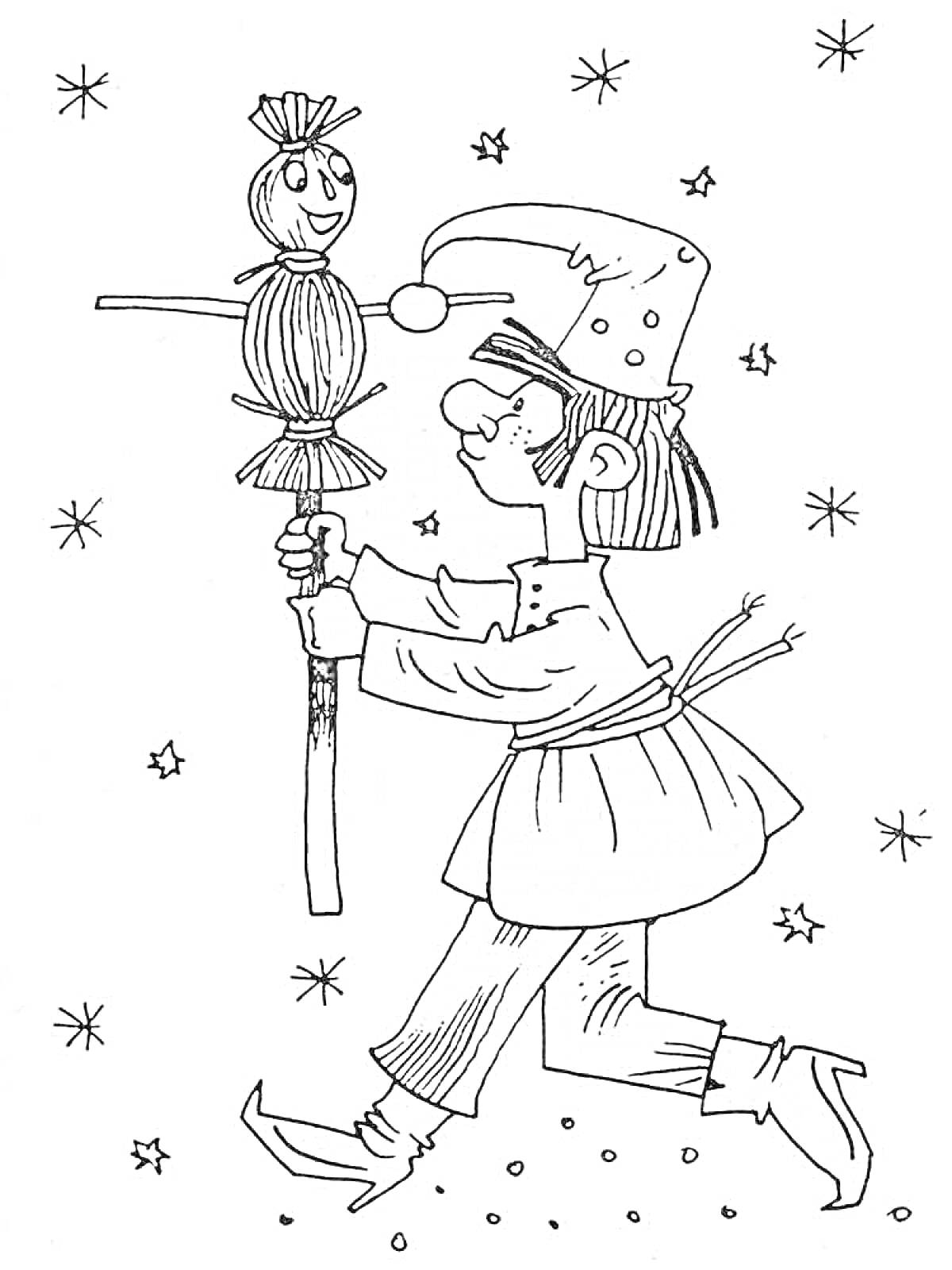 Человек в традиционной одежде с куклой Масленицы на палке, фон со звездами