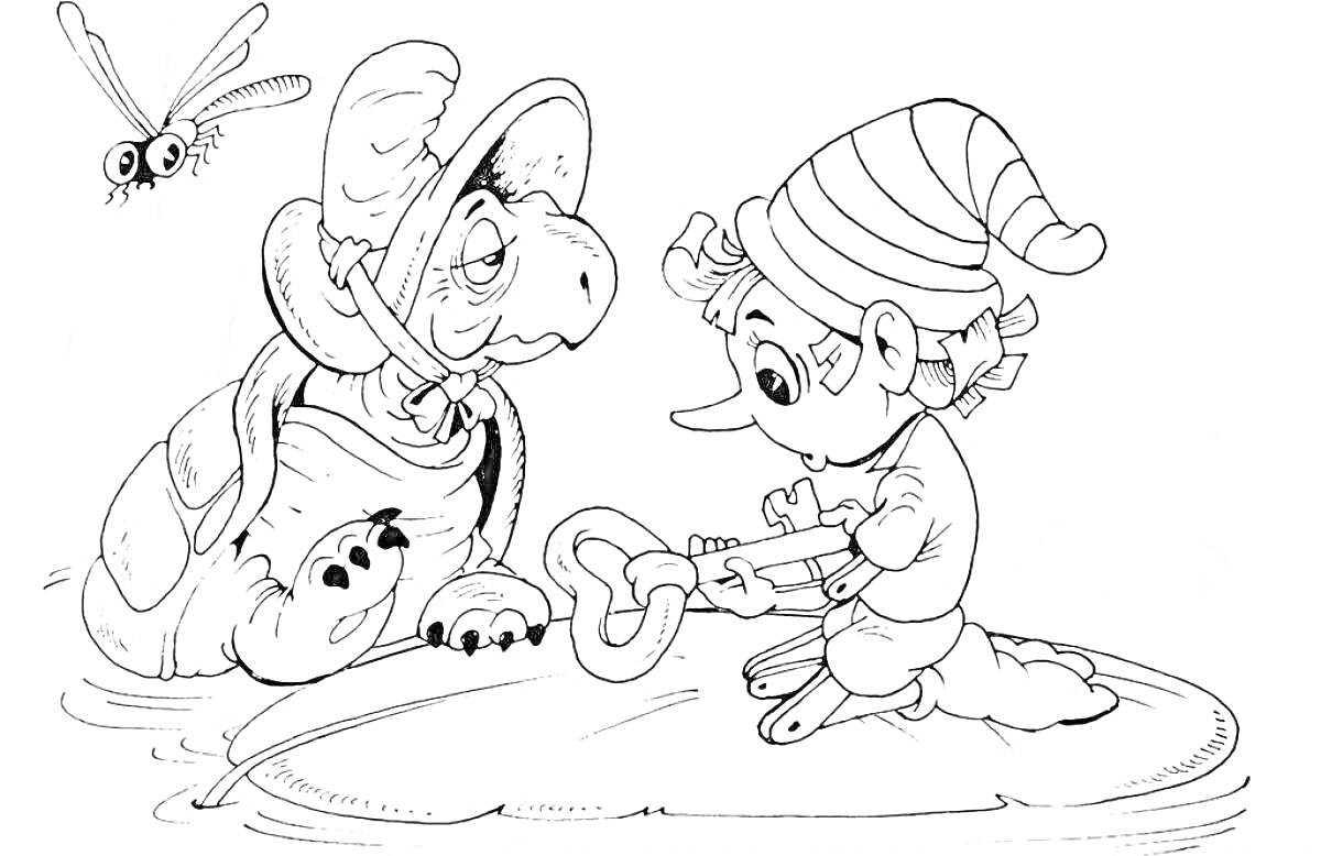 Раскраска Буратино с ключом и Черепаха, стрекоза